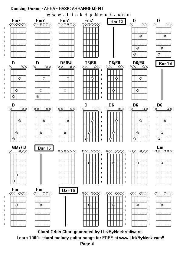 Chord Grids Chart of chord melody fingerstyle guitar song-Dancing Queen - ABBA - BASIC ARRANGEMENT,generated by LickByNeck software.